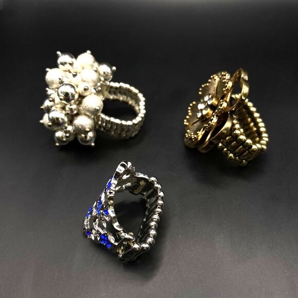 NWOT - Lot of 3 Cocktail Stretch Rings Floral Cha-Cha Stars Silver And Gold Tone - Picture 2 of 4